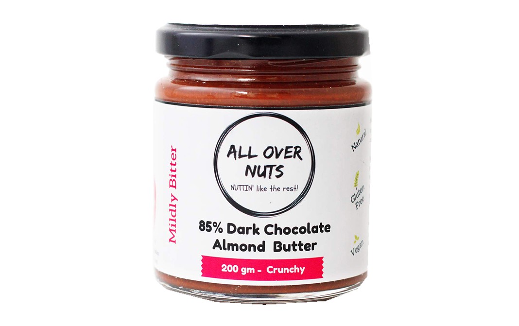 All Over Nuts 85% Dark Chocolate Almond Butter Crunchy  Glass Jar  200 grams